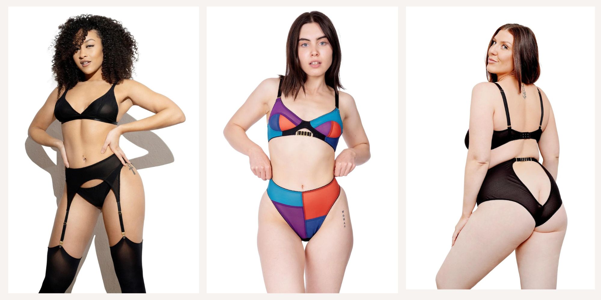 Three examples of ColieCo's colourful responsibly-made lingerie.
