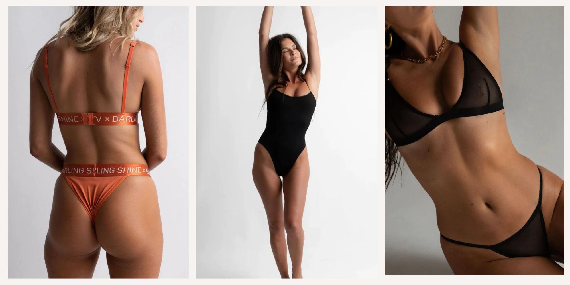 Three examples of nat'v basics responsibly-made lingerie in black and pink varieties.
