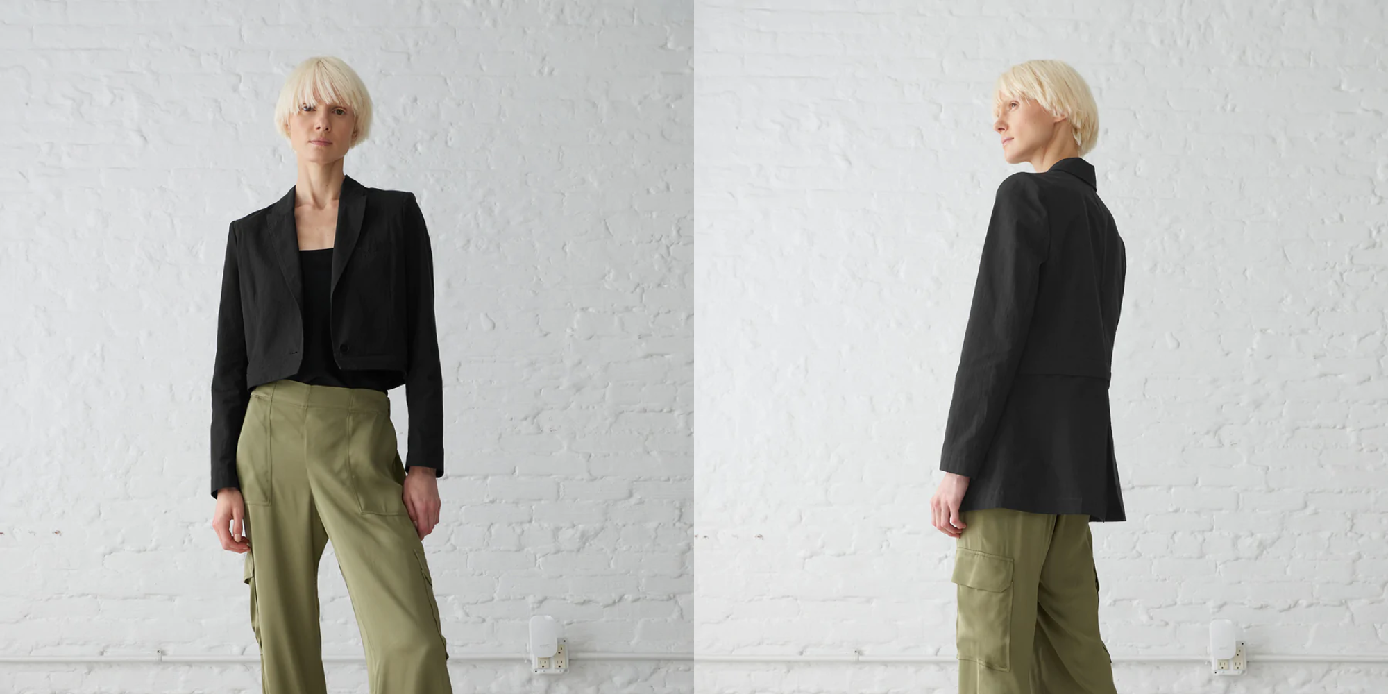 front and side back view of person in modern black convertible blazer by Minimalist