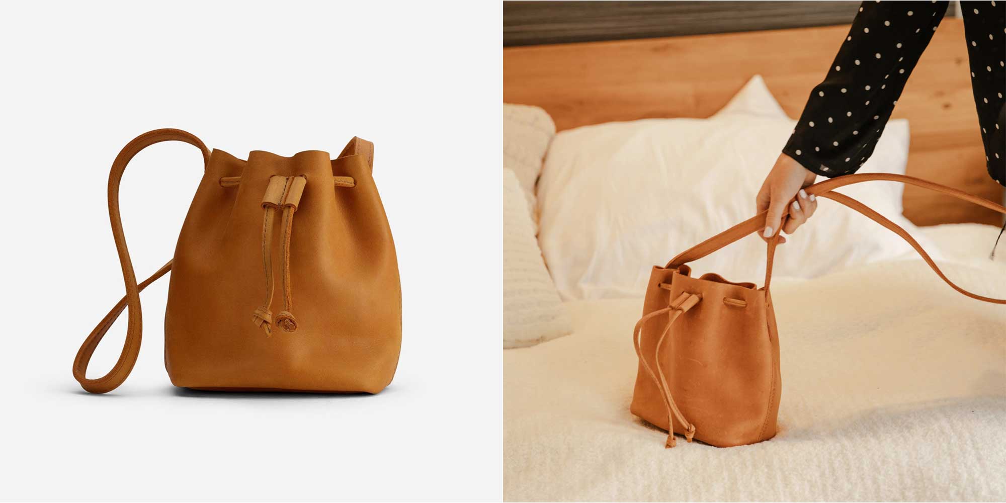 A brown bucket bag by sustainable brand Parker Clay.