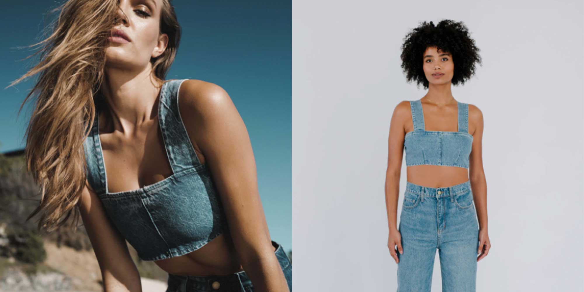 A blue denim crop top.