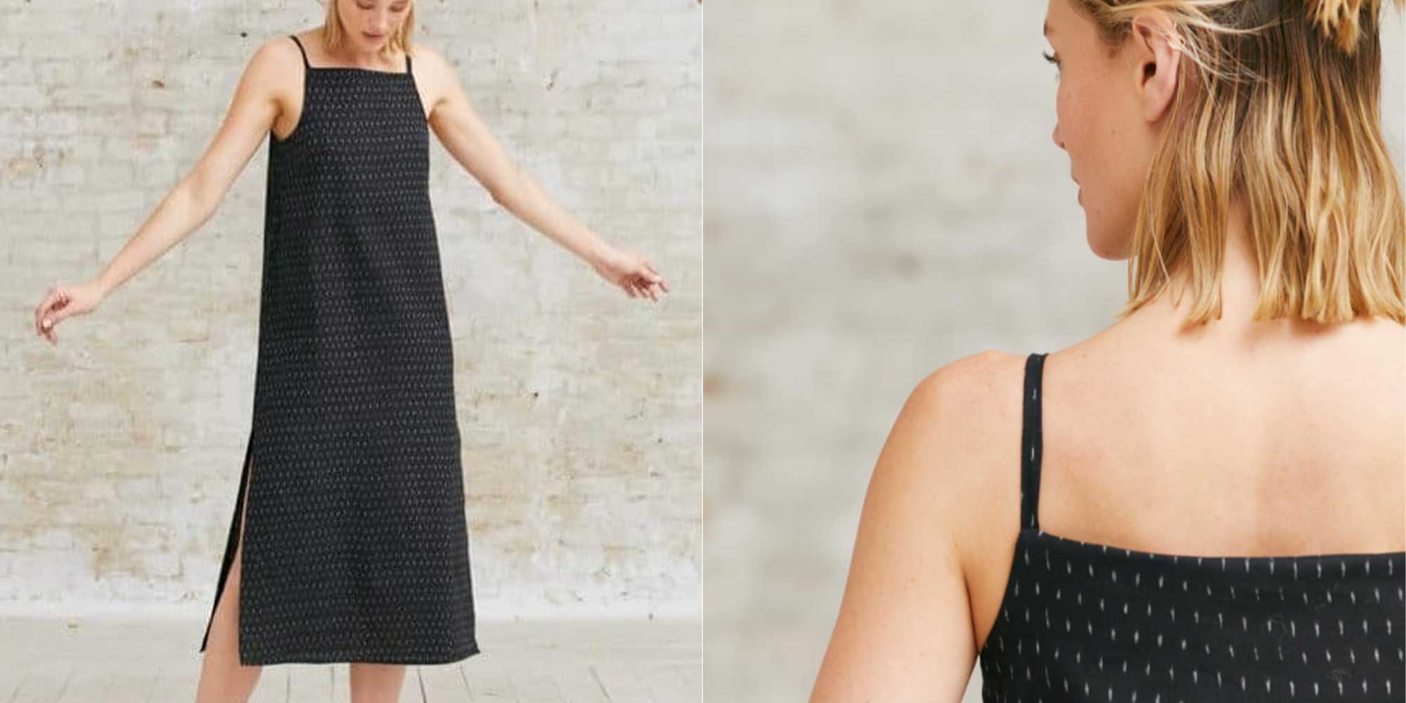 A black midi-length slip dress by Jyoti.