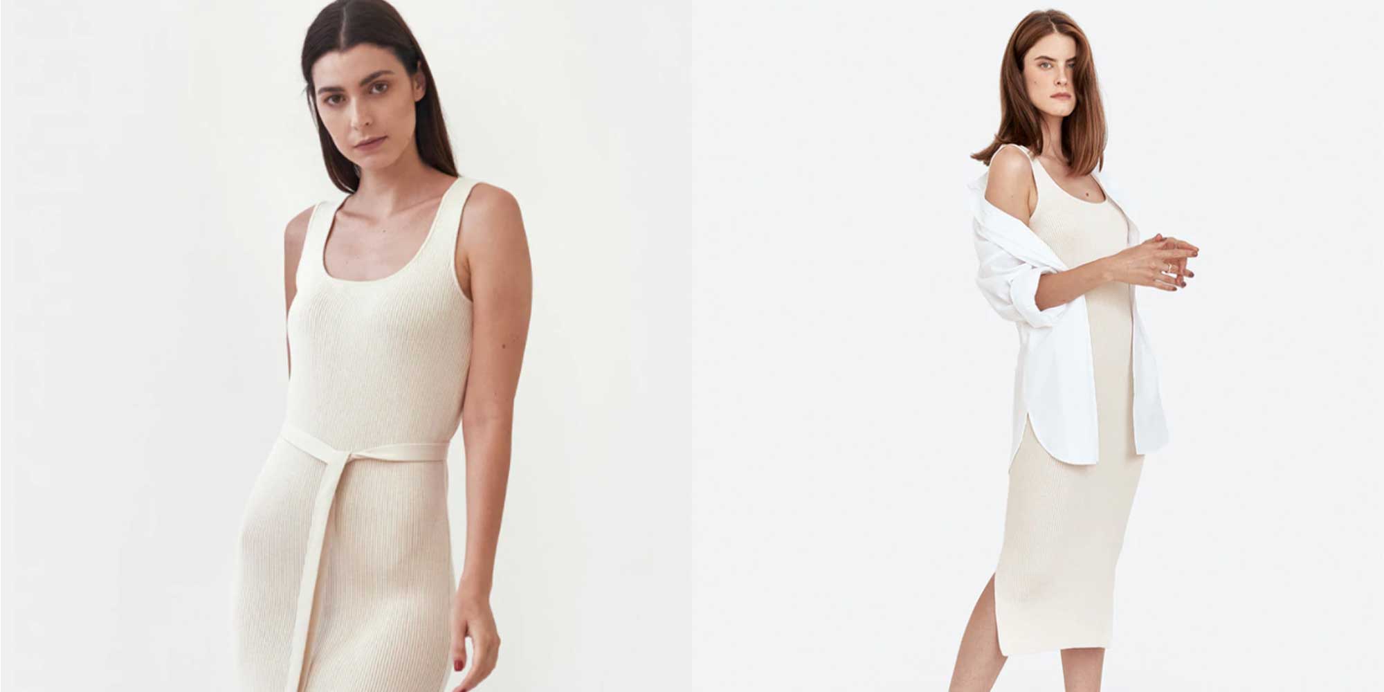 A beige fitted, ribbed, midi dress by Mila Vert.