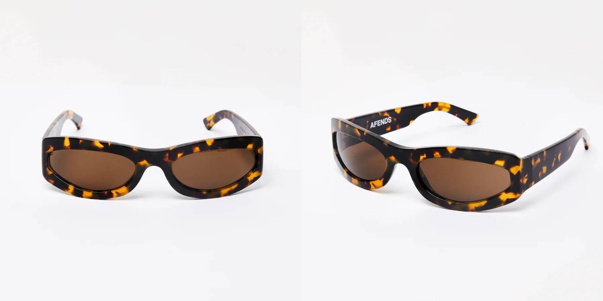 A pair of brown, rectangular sunglasses.