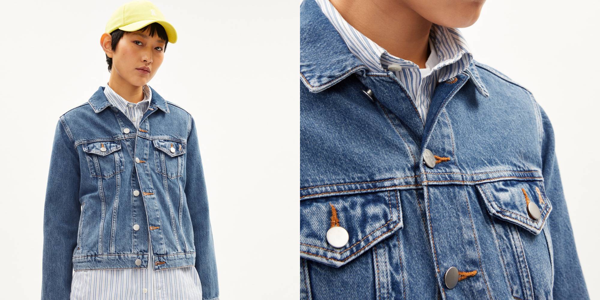 A person wearing a classic blue denim jacket by Armedangels.