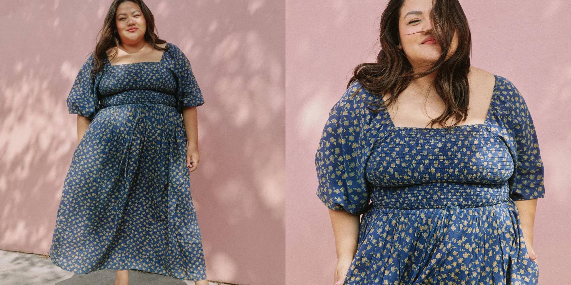 A person wearing a dark blue whimsical dress with flower prints from Christy Dawn.