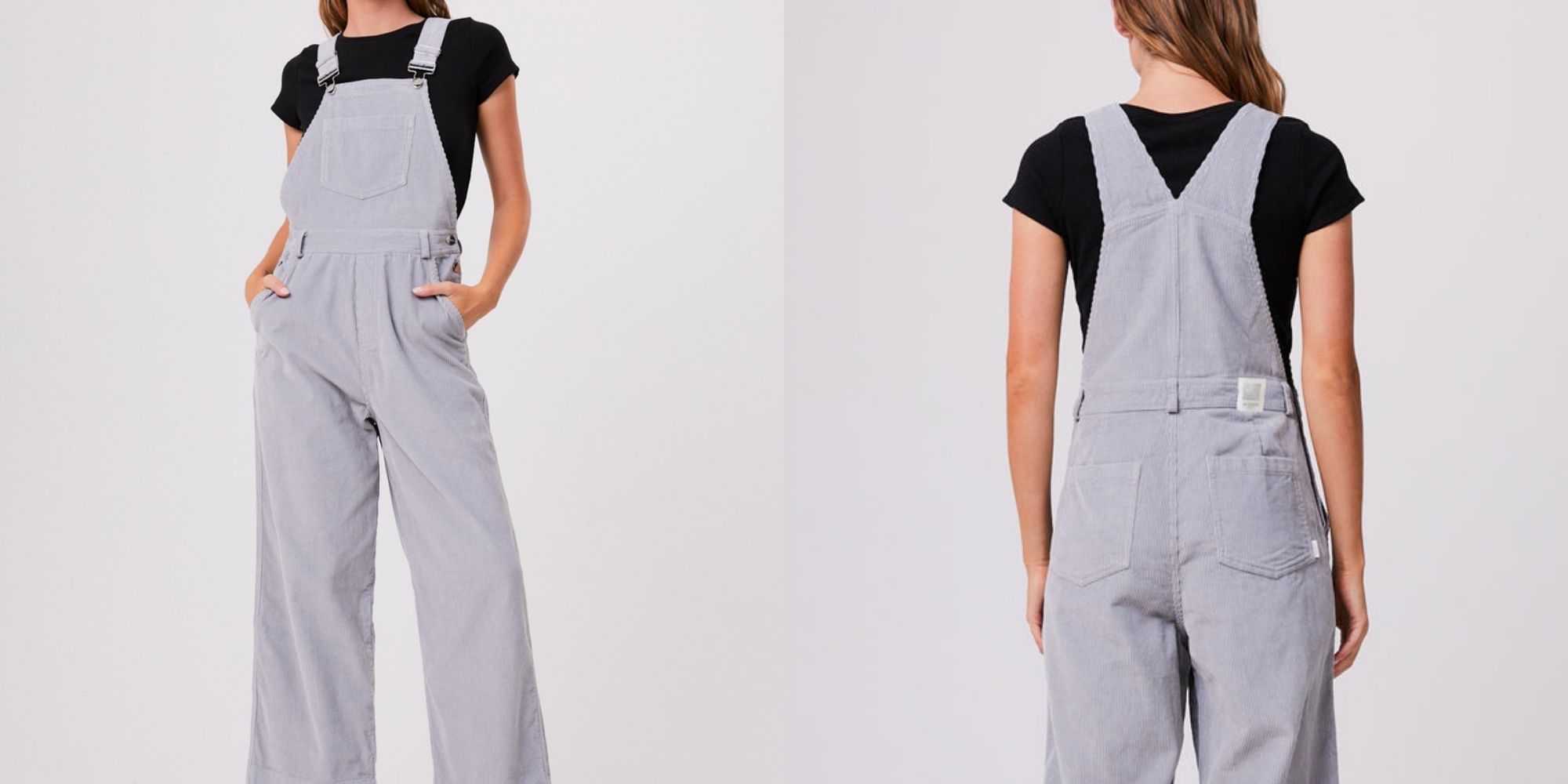 Someone wearing grey corduroy sustainable overalls by Afends.