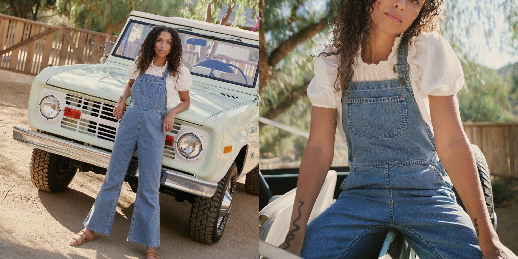 Christy Dawn's deadstock denim overalls on someone leaning against an old car outside.