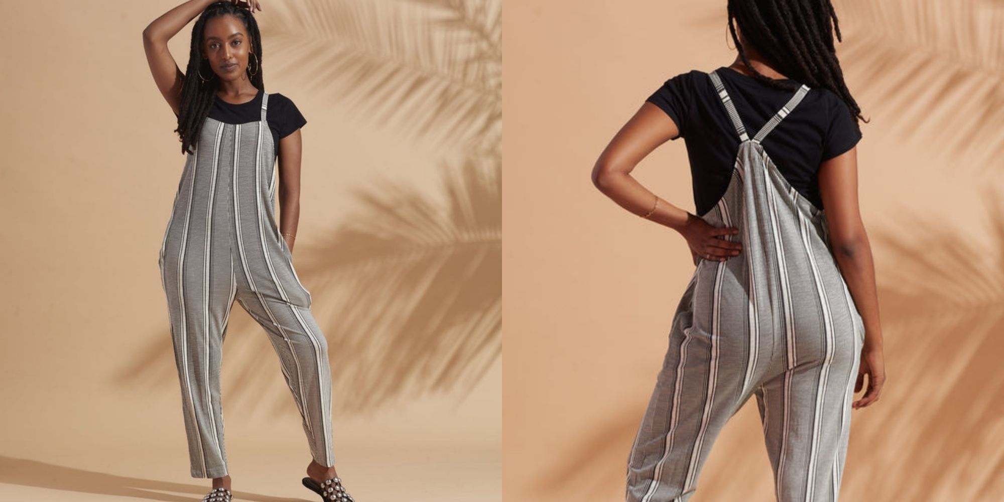 A striped loose fitting grey and white organic cotton sustainable overall by Known Supply.