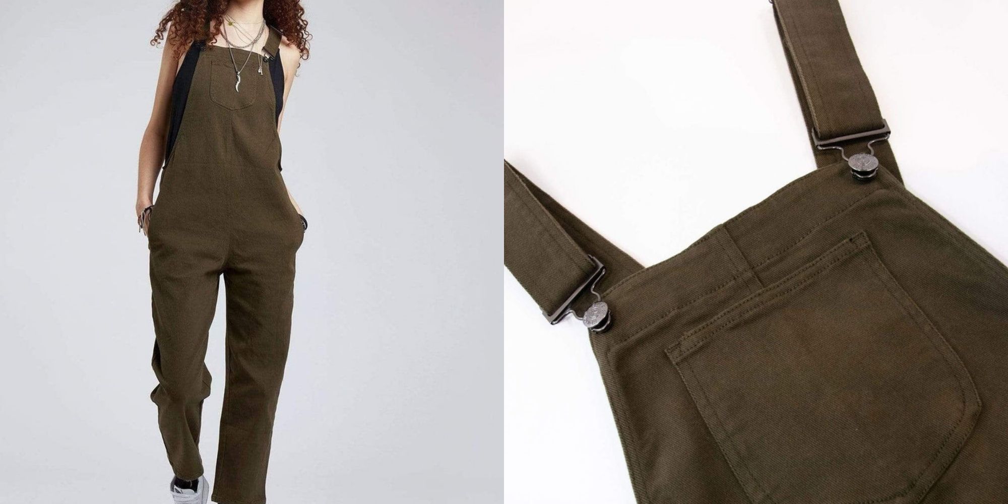 Komodo's deep green organic cotton dungarees modelled by someone with curly dark hair.