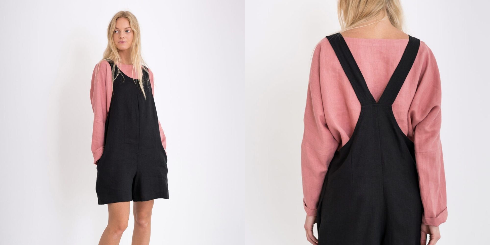 Black linen short overalls made by Love and Confuse.