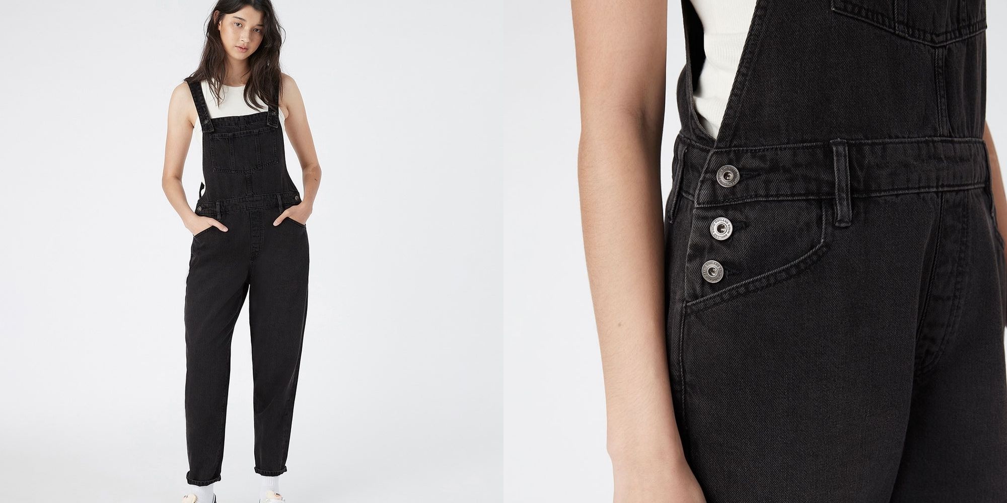 Black sustainable denim overalls dungarees by Outland Denim.