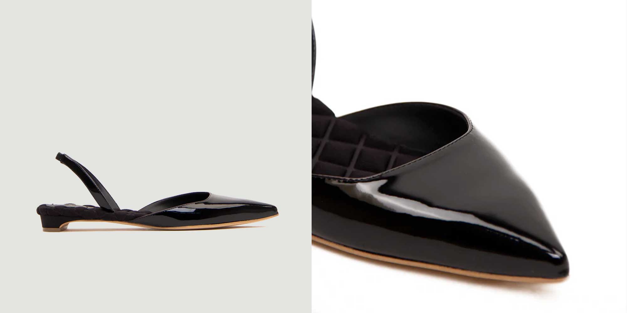 A fair of sustainable back pointy flats with a heel strap by AERA.