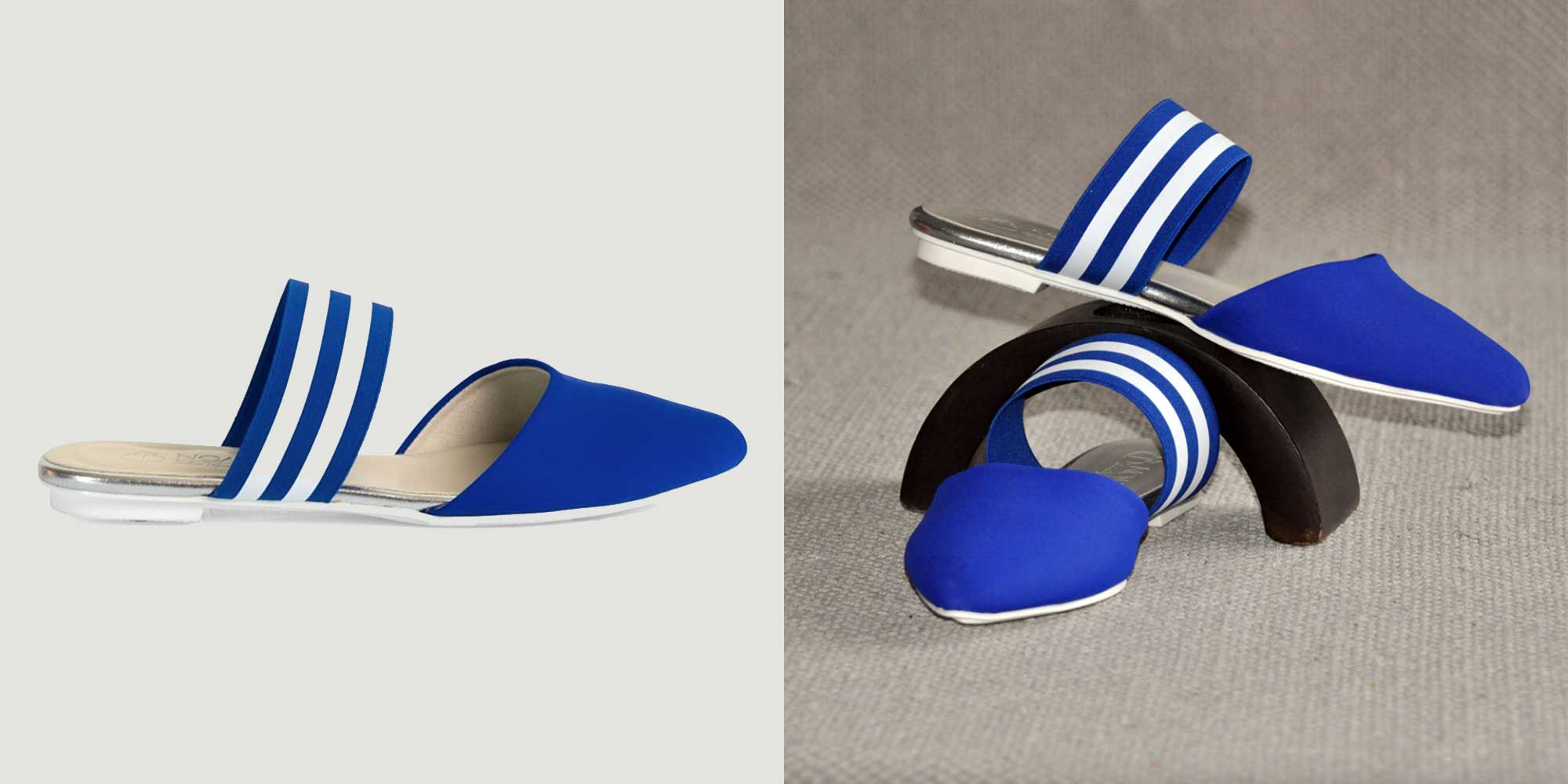A pair of bright blue mules with blue and white straps by NOAH.