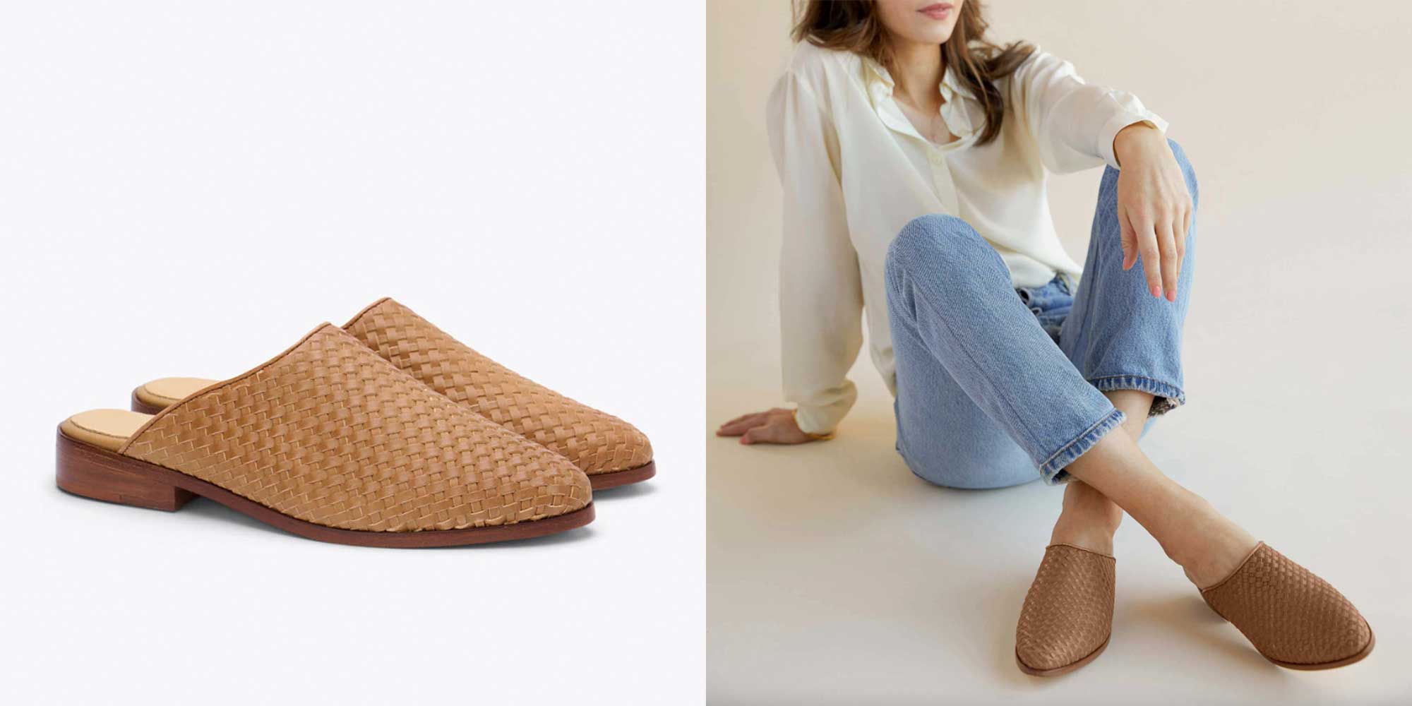 A pair of brown woven sustainable mules by Nisolo.