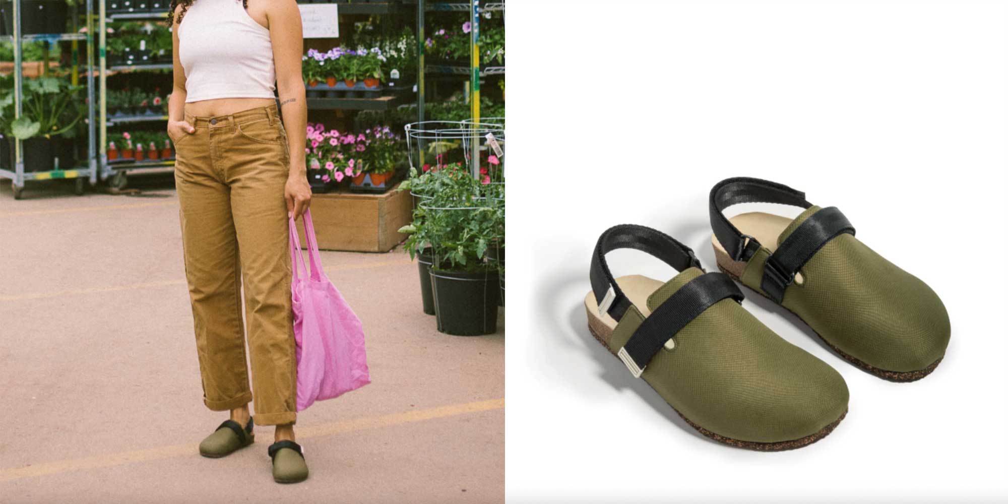 A pair of khaki mule clogs by Thesus.