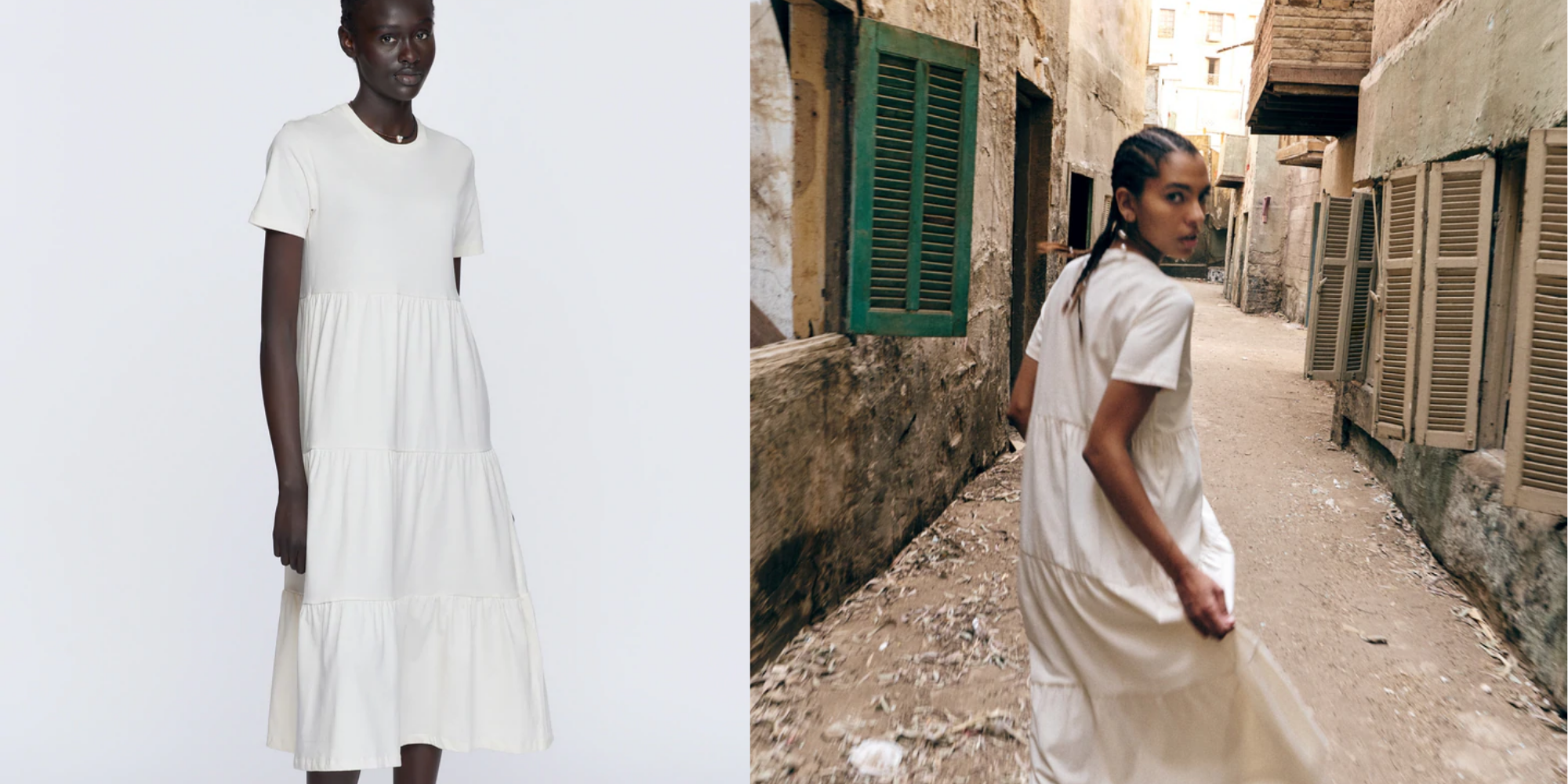 two images of midi-tiered babydoll dress in natural from Kotn