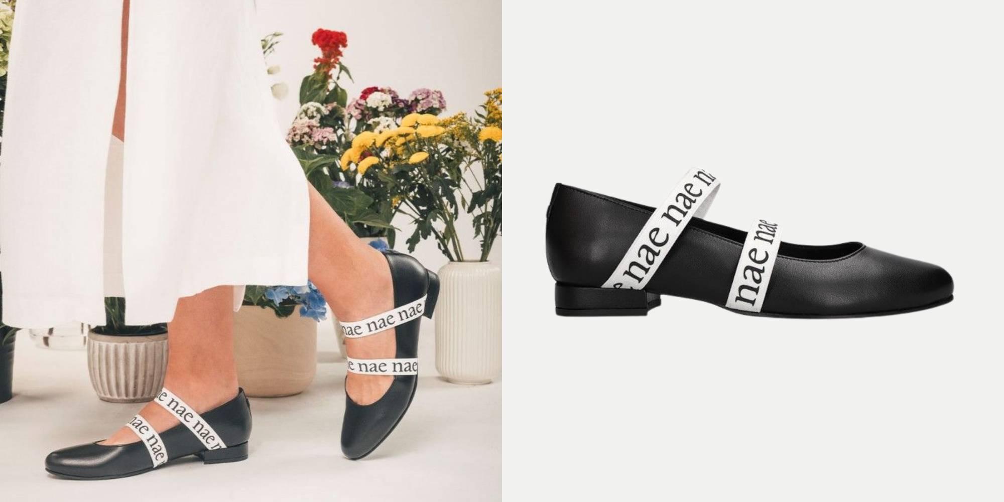 A pair of black vegan leather ballerina flats with two elastic straps by NAE.