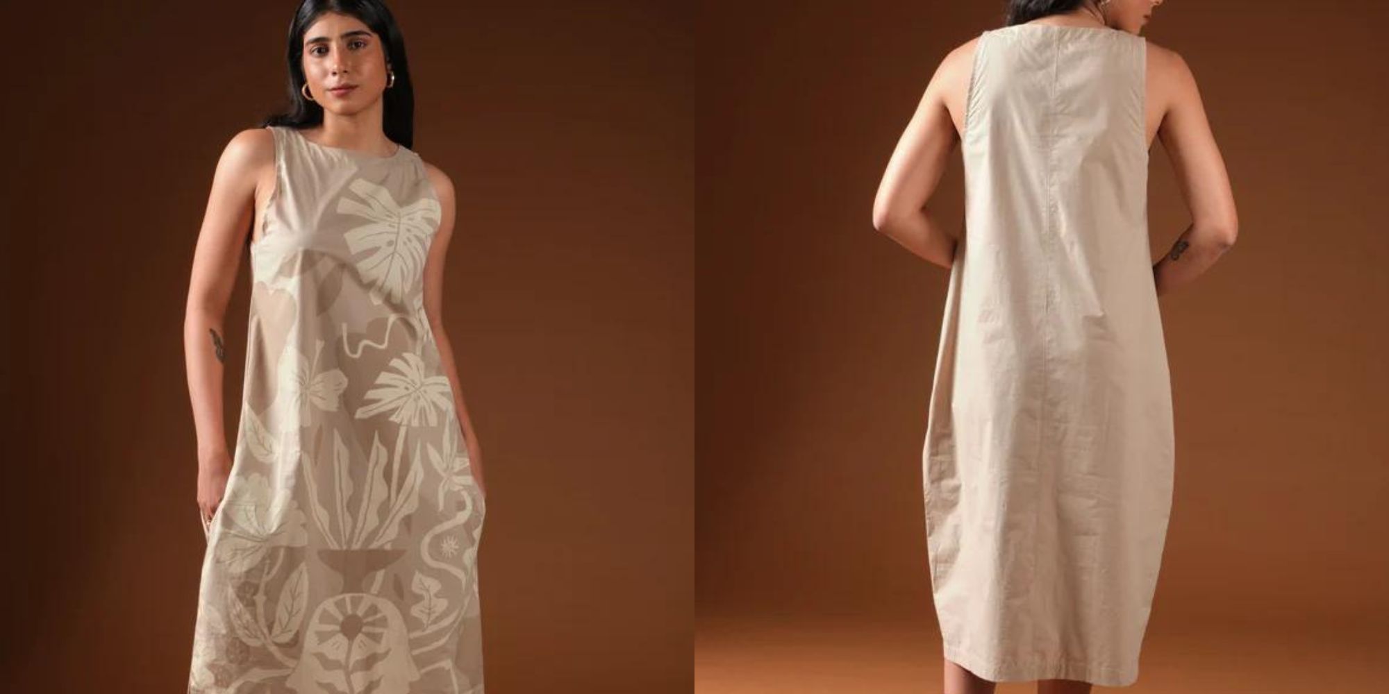 A beige monstera print organic cotton poplin more sustainable midi dress by No Nasties.