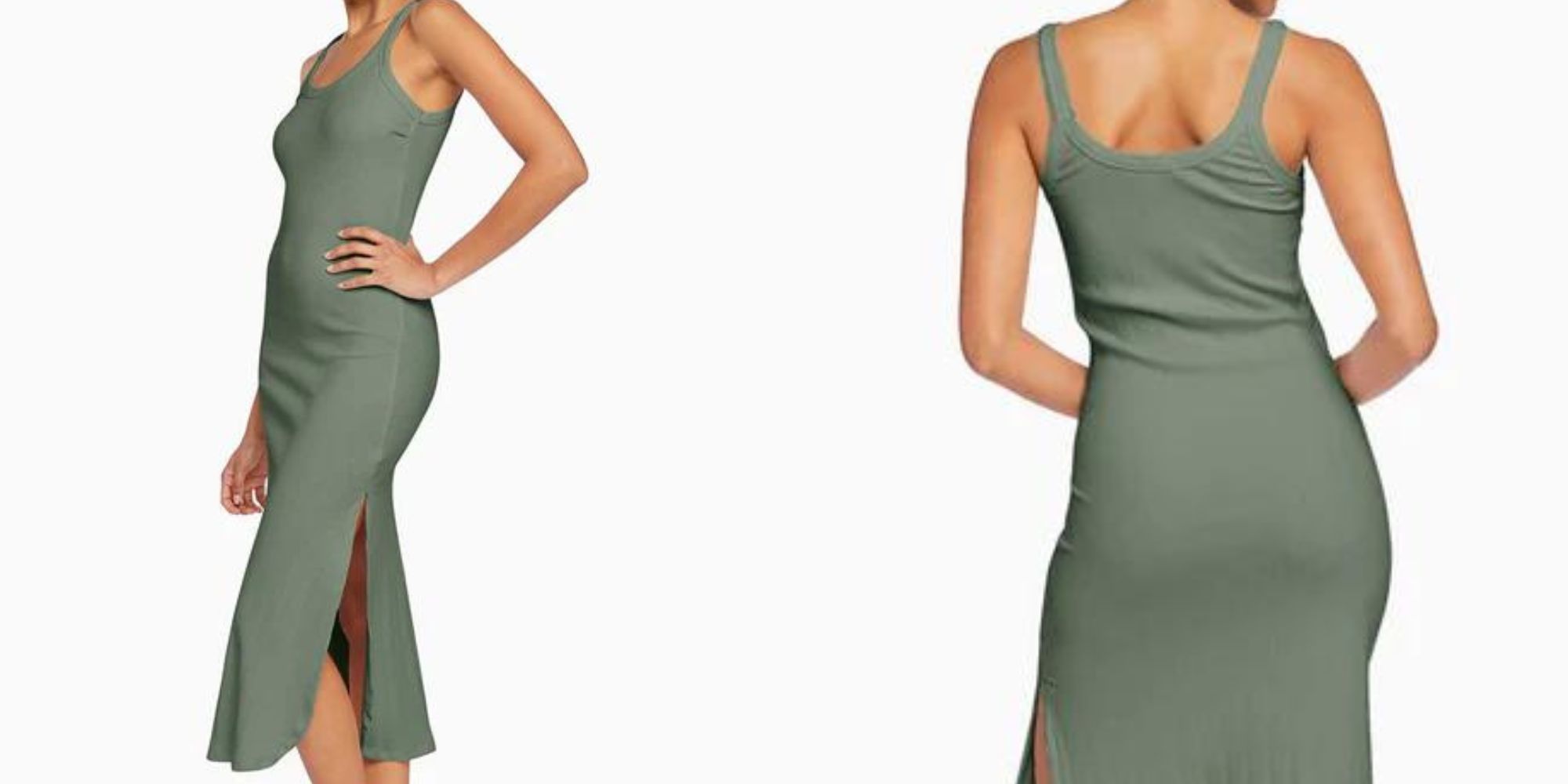 A green TENCEL and organic cotton blend ribbed midi dress by Vitamin A.