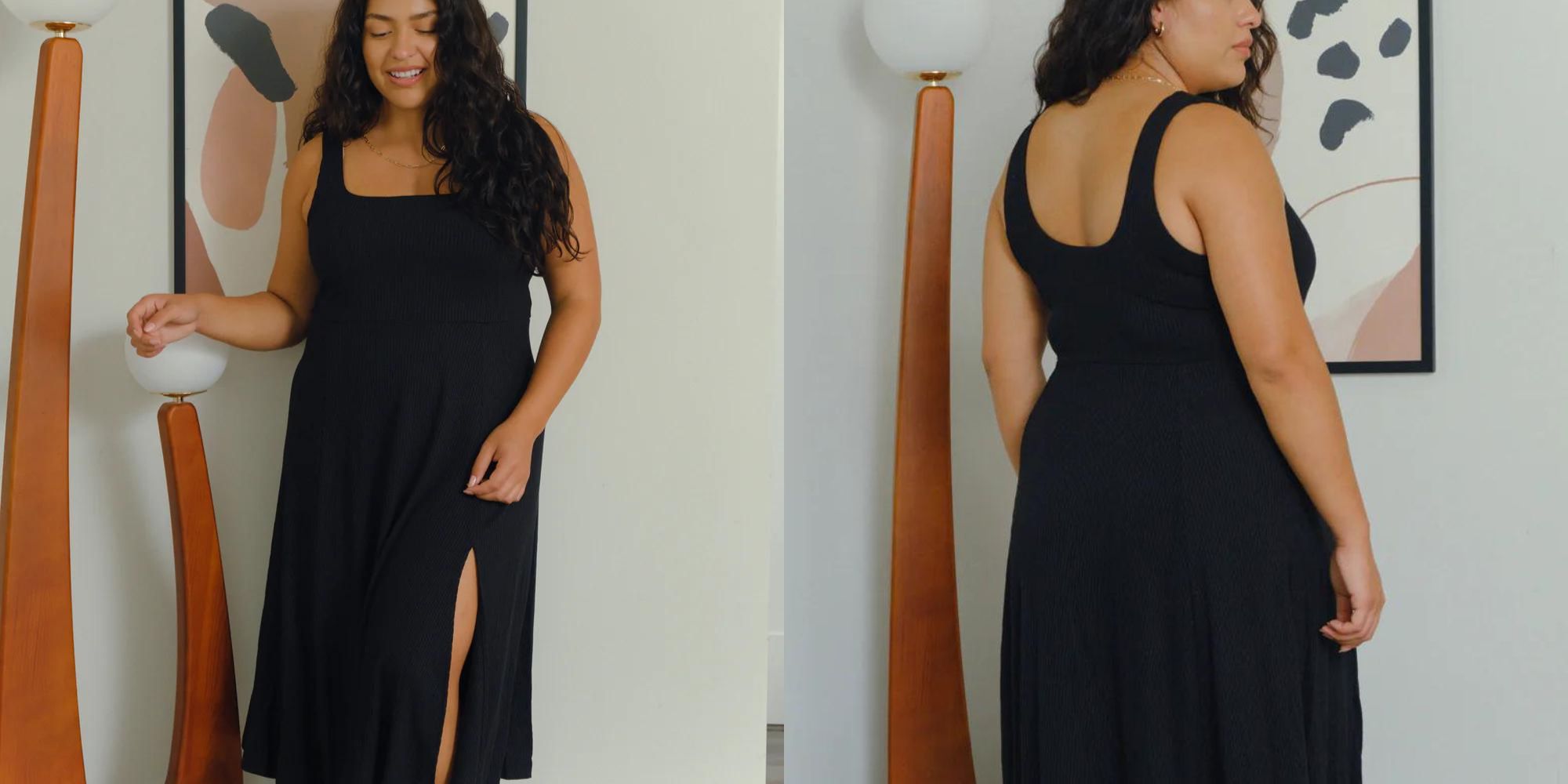 A black ribbed midi dress made by Whimsy + Row.