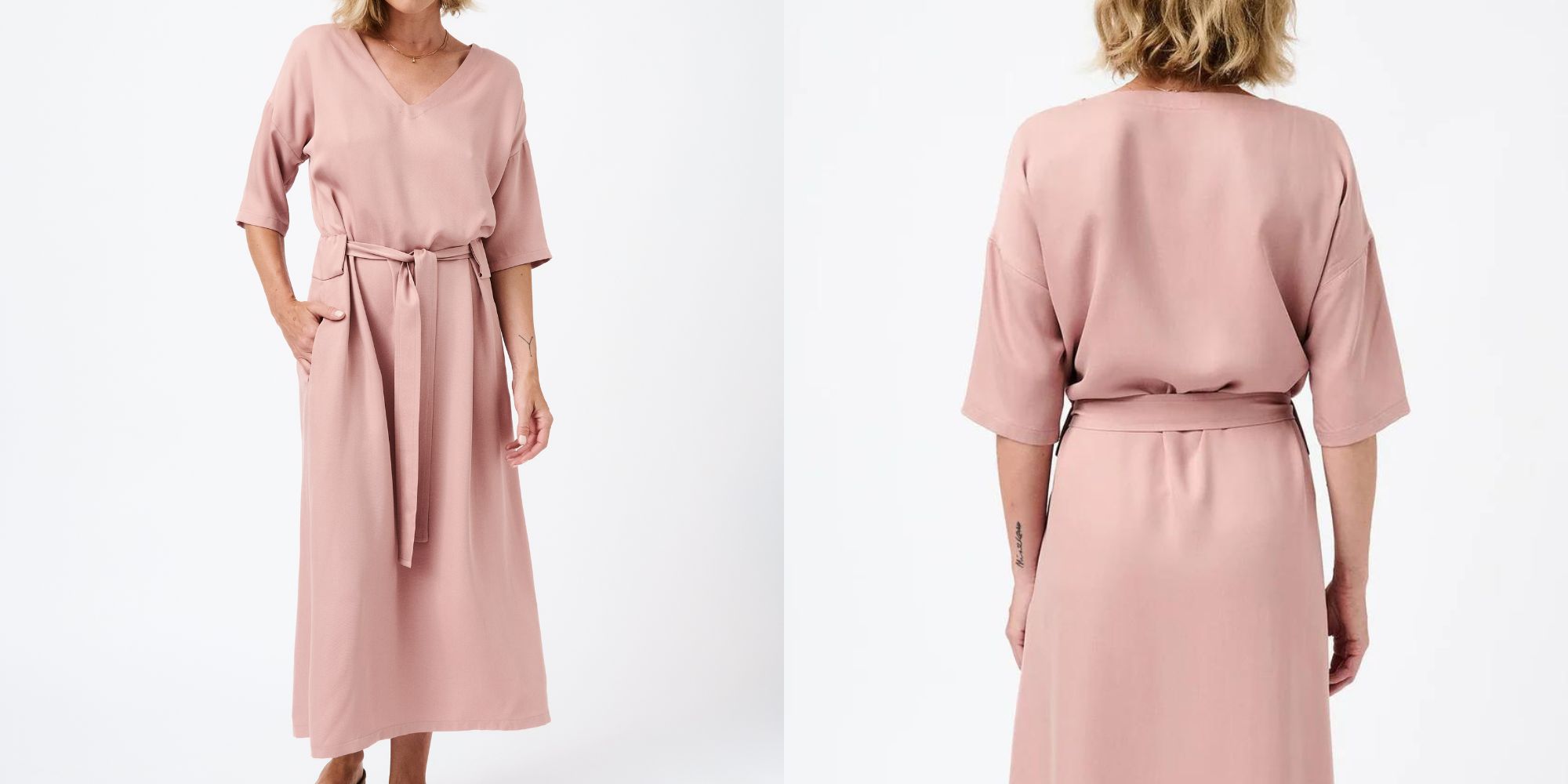 A soft pink 100% TENCEL V neck belted maxi dress responsible-made by Mila.Vert.
