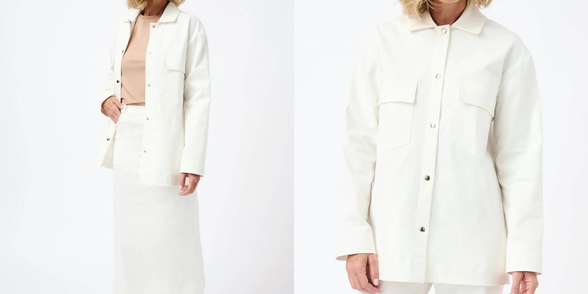 A white button-up denim jacket with two front pockets made more sustainably by Mila.Vert.