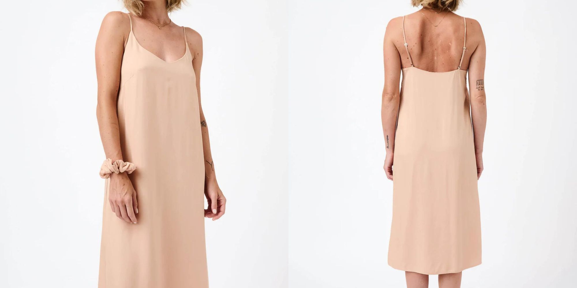 A light beige ECOVERO strappy dress responsibly-made by Mila.Vert.