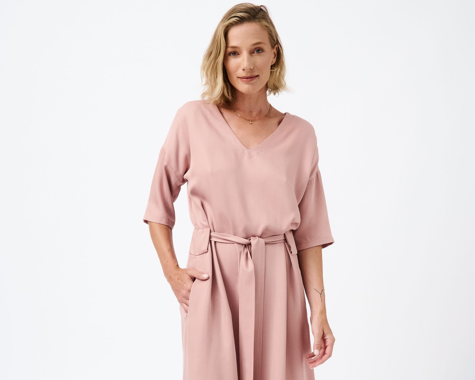 A soft pink 100% TENCEL V neck belted maxi dress responsible-made by Mila.Vert.