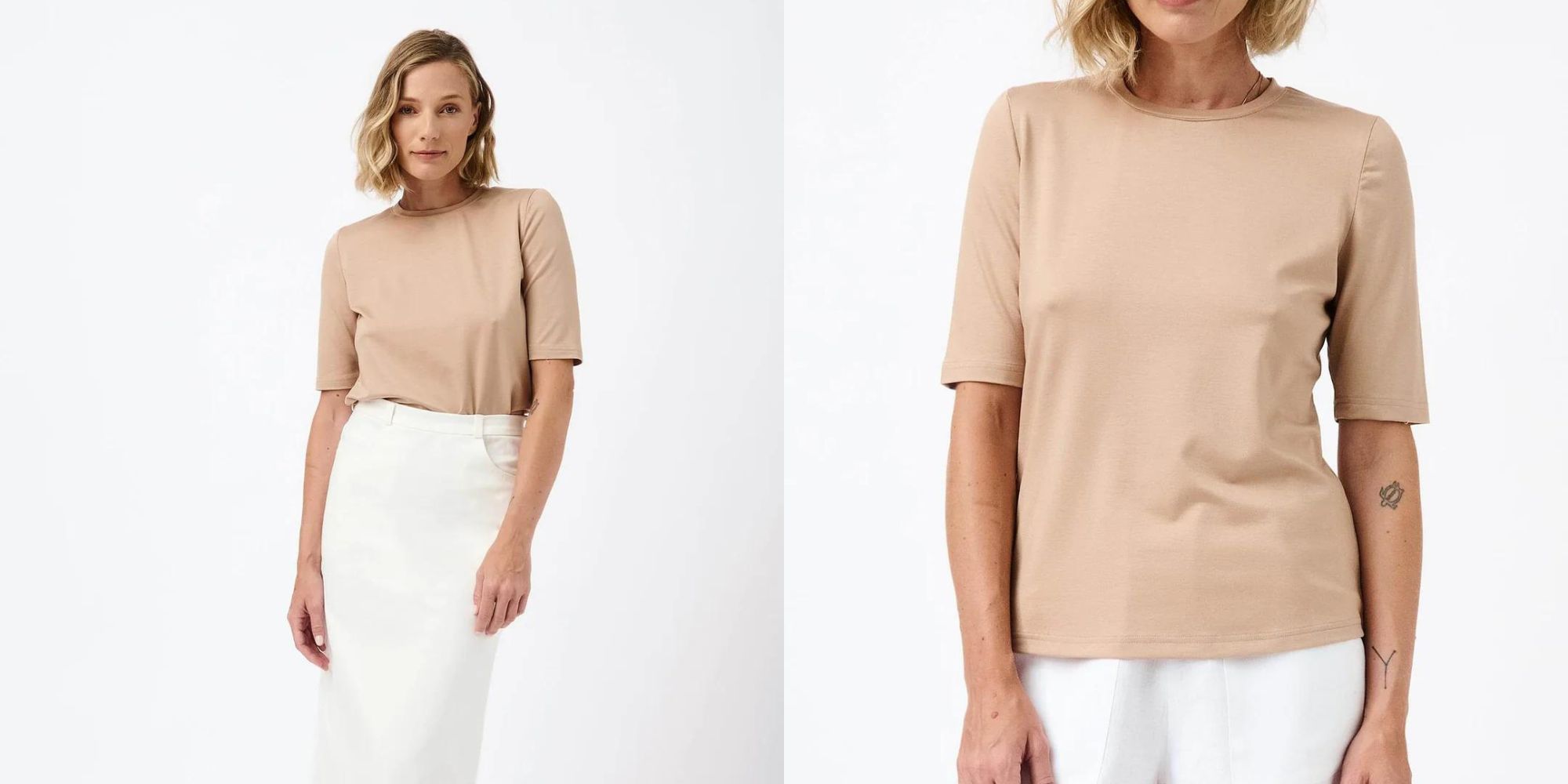 A beige mid sleeve Tencel top made by Mila.Vert.