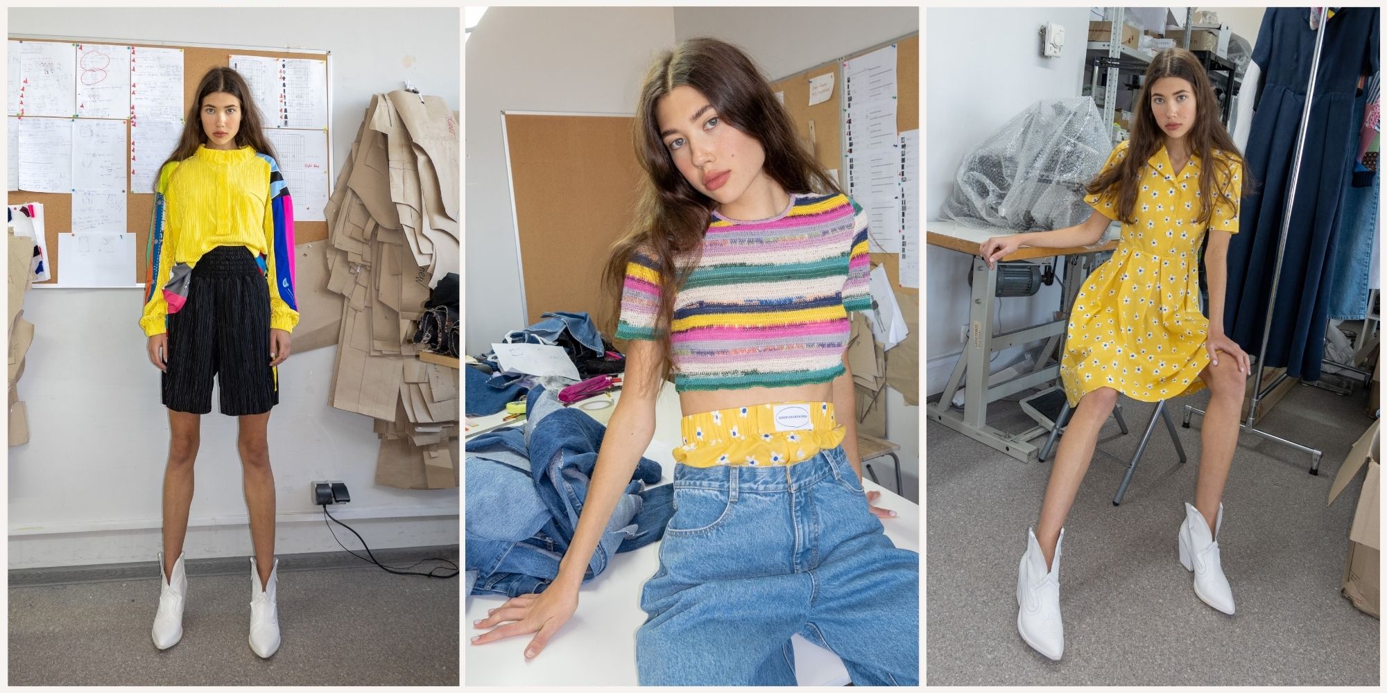 Three shots of a model wearing outfits by Ukraine's fashion designers in a work studio.