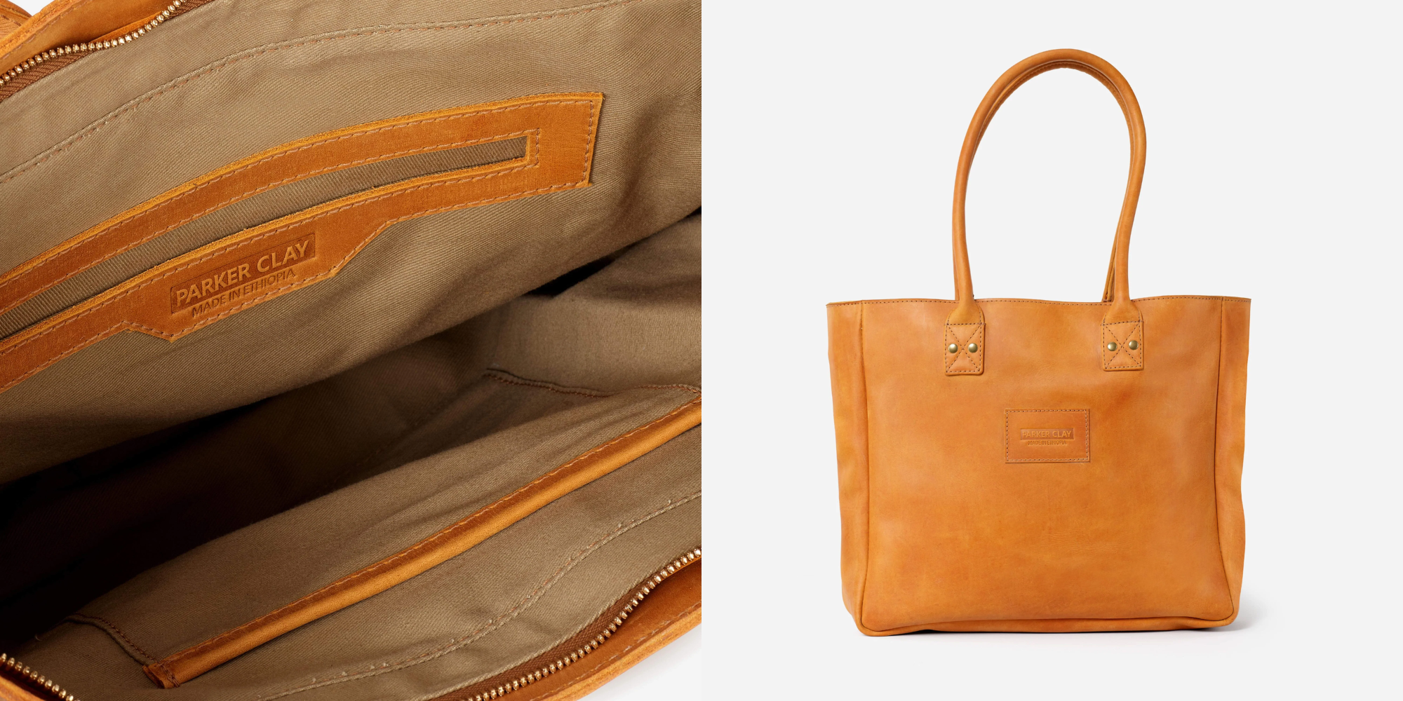 interior view and front view of Merkato Signature Zip Tote by Parker Clay