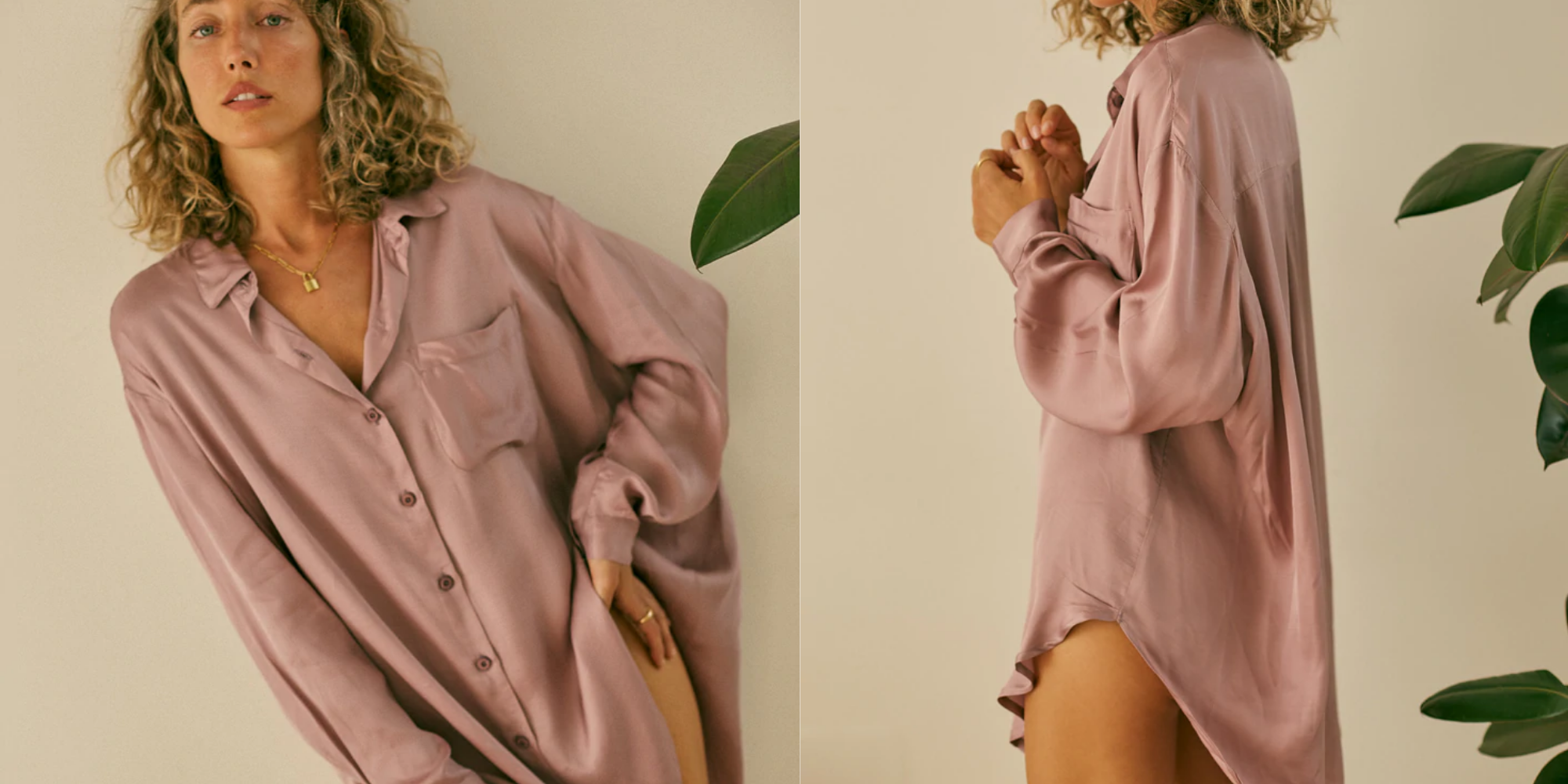 two images of person in Lilac Ecovero Shirt by Cossac