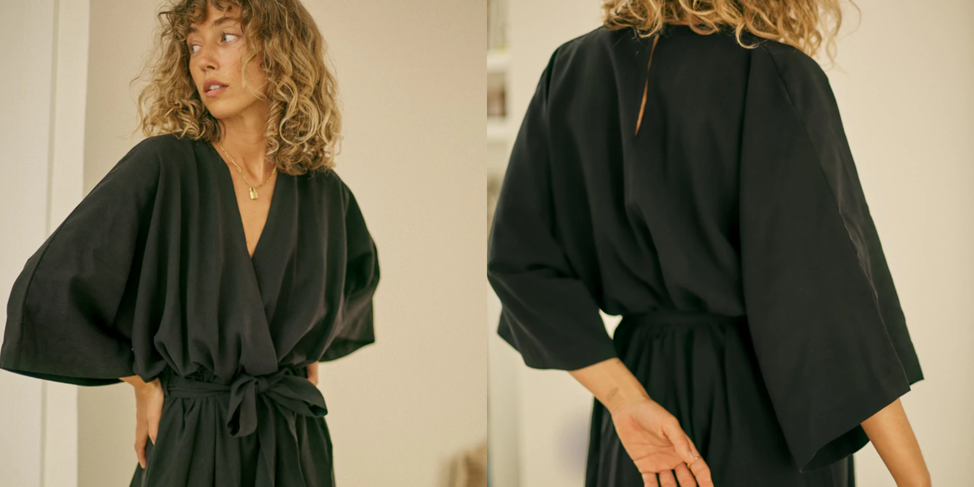 two images of kimono jumpsuit in black by Cossac