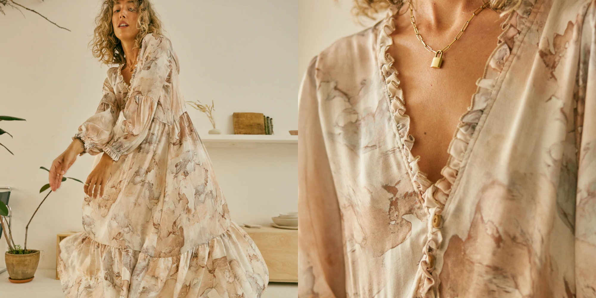 two images of person in cossac print maxi dress by Cossac