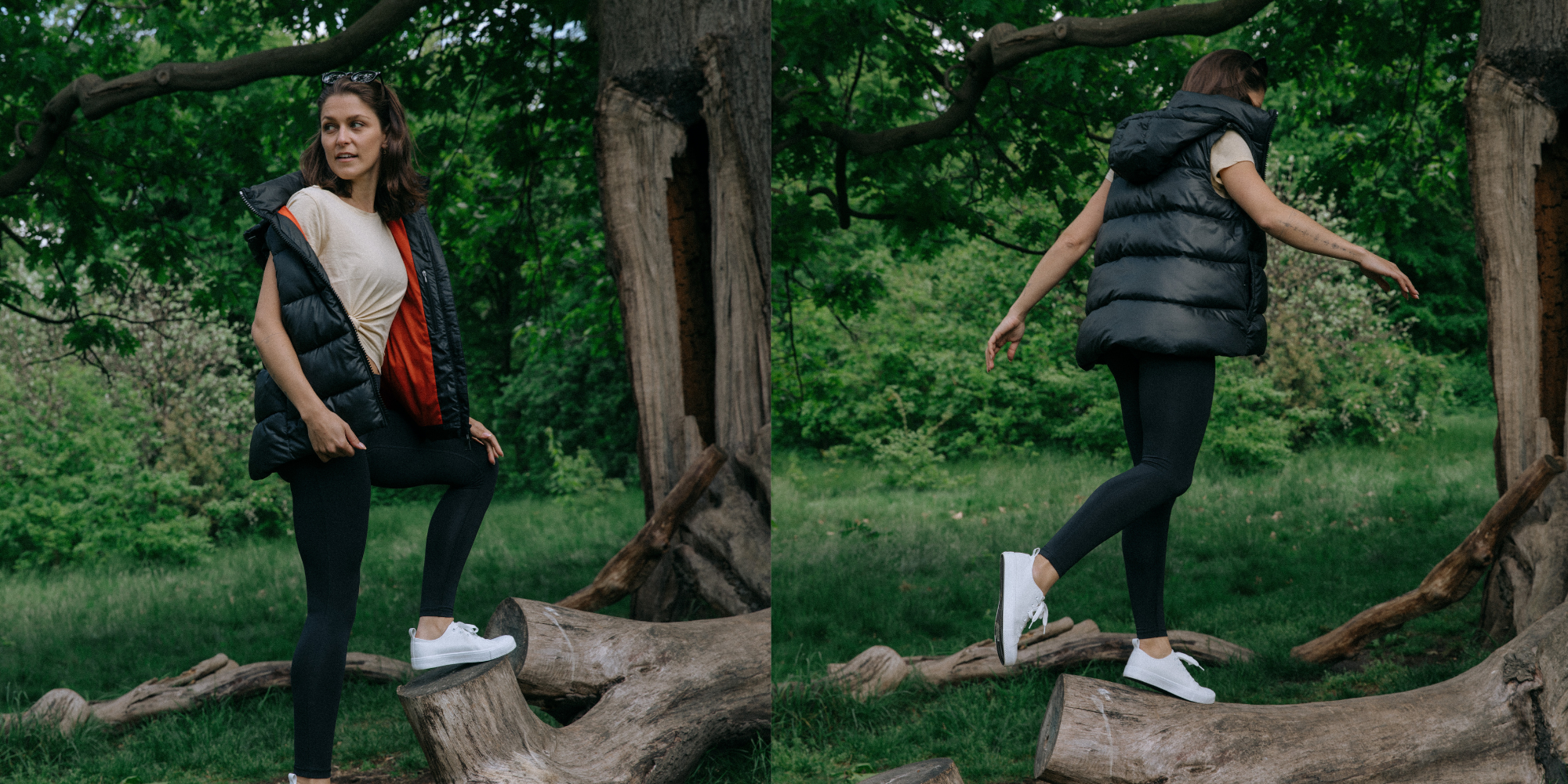 images of person in Arundel Vest in Midnight Black with Orange lining