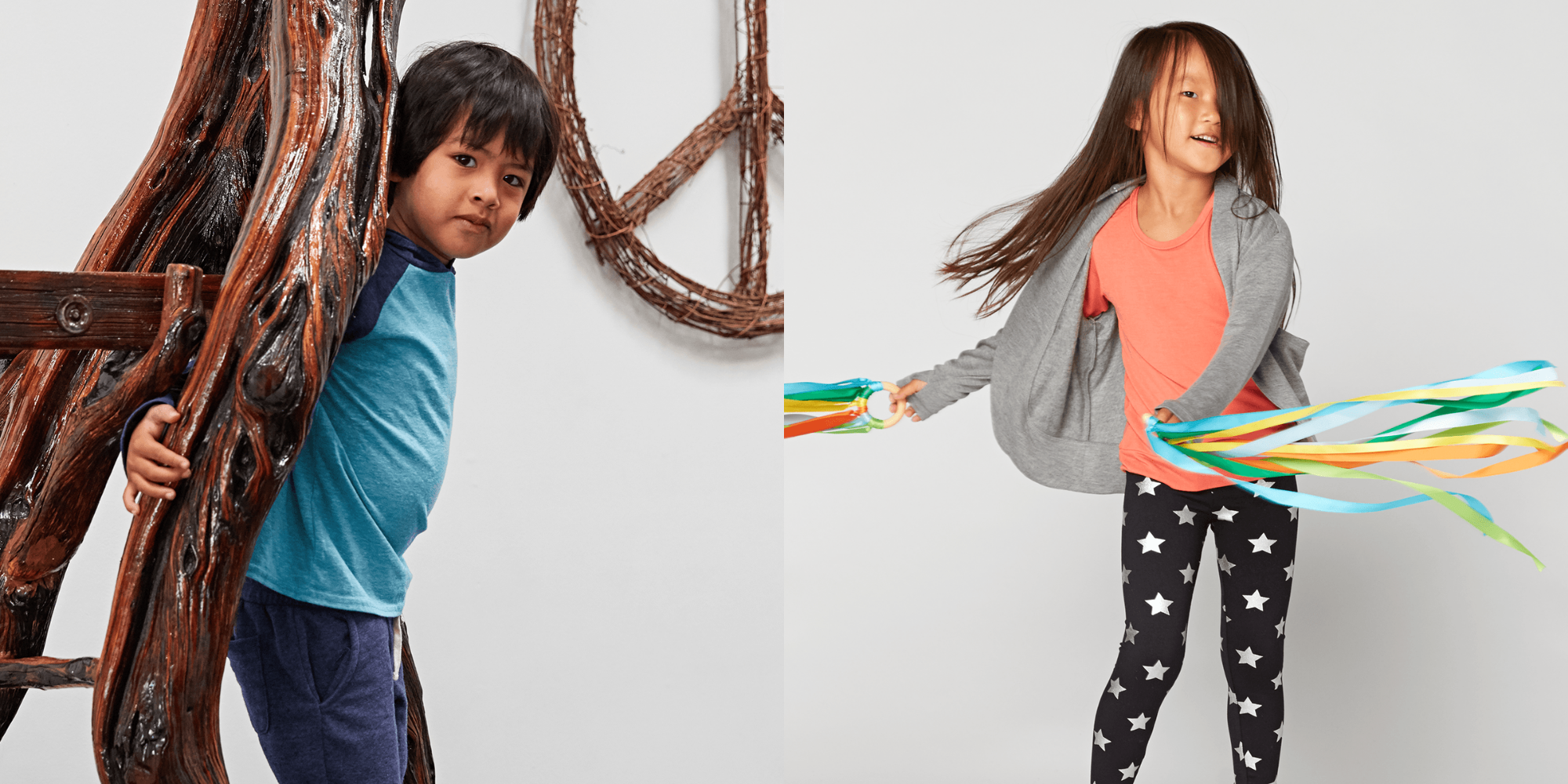 two images of kids playing in clothing by Threads 4 Thought