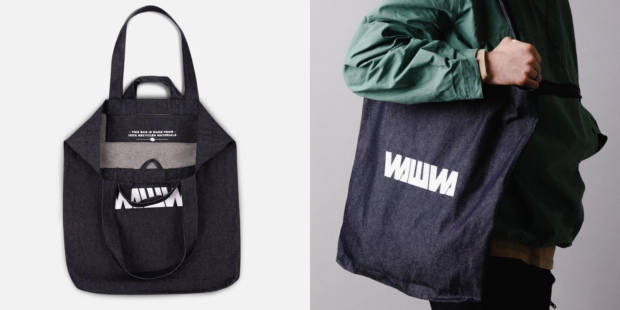 interior of tote and person wearing recycled tote bag by WAWWA