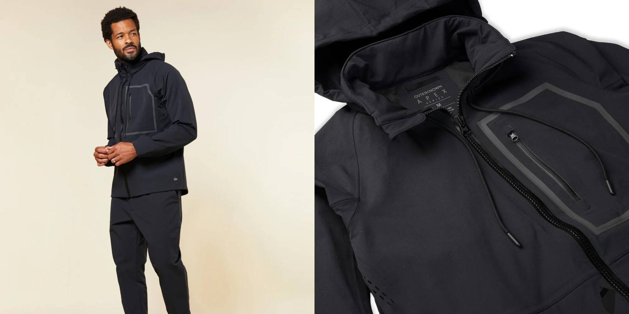 A black windbreaked jacket made from recycled polyamide by Outerknown.