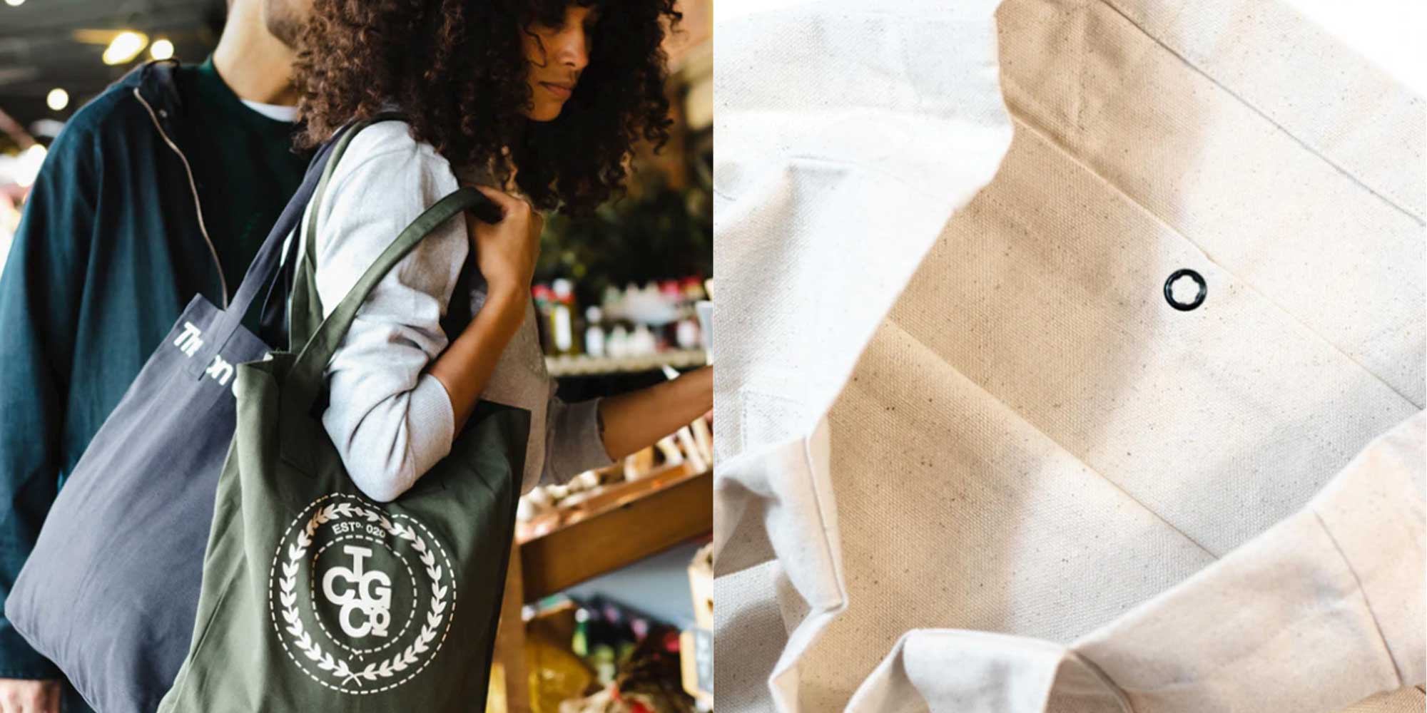Dark blue and green canvas tote bags by the Common Good Company.
