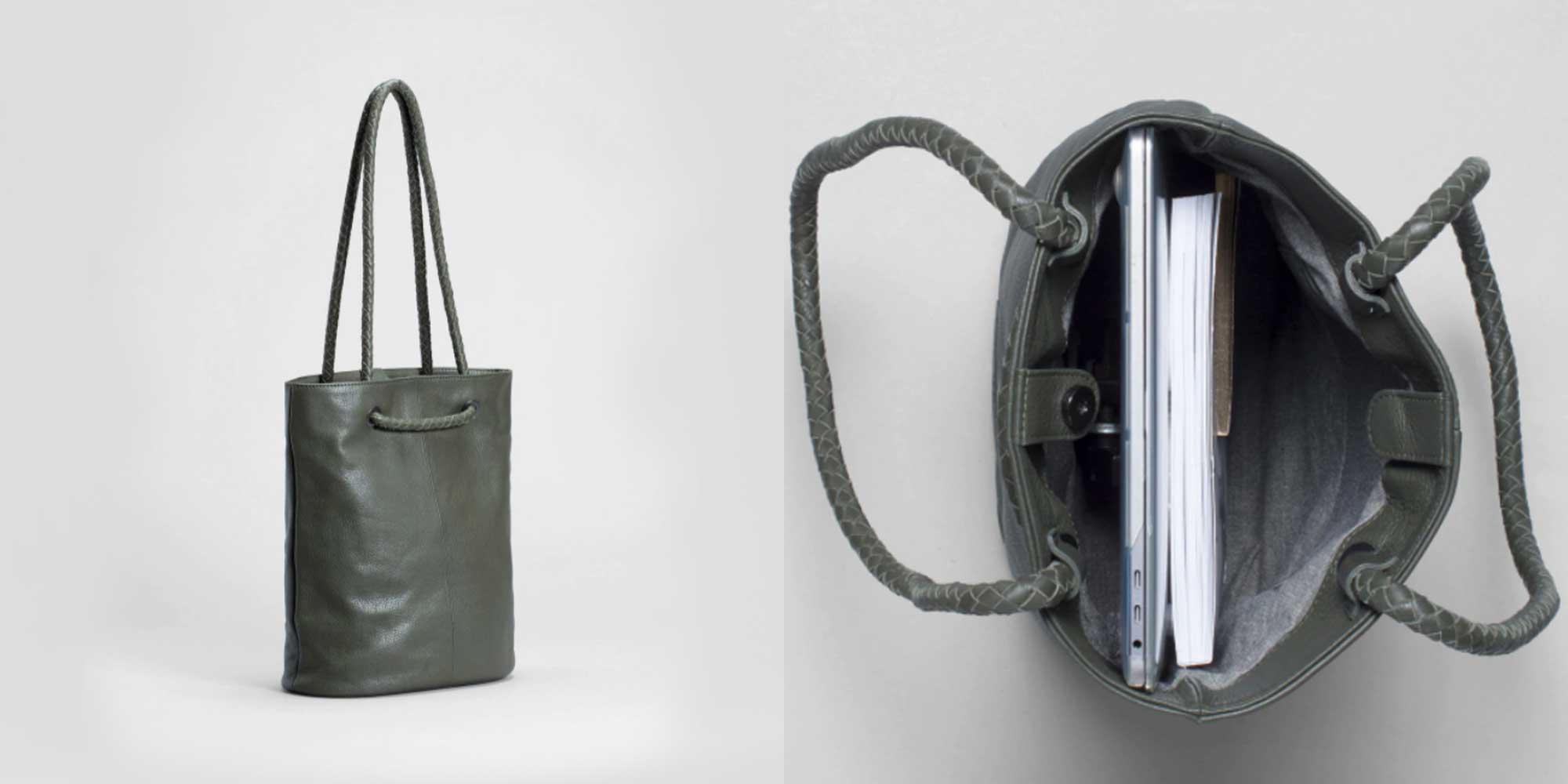 A grey leather bucket tote bag by ELK.
