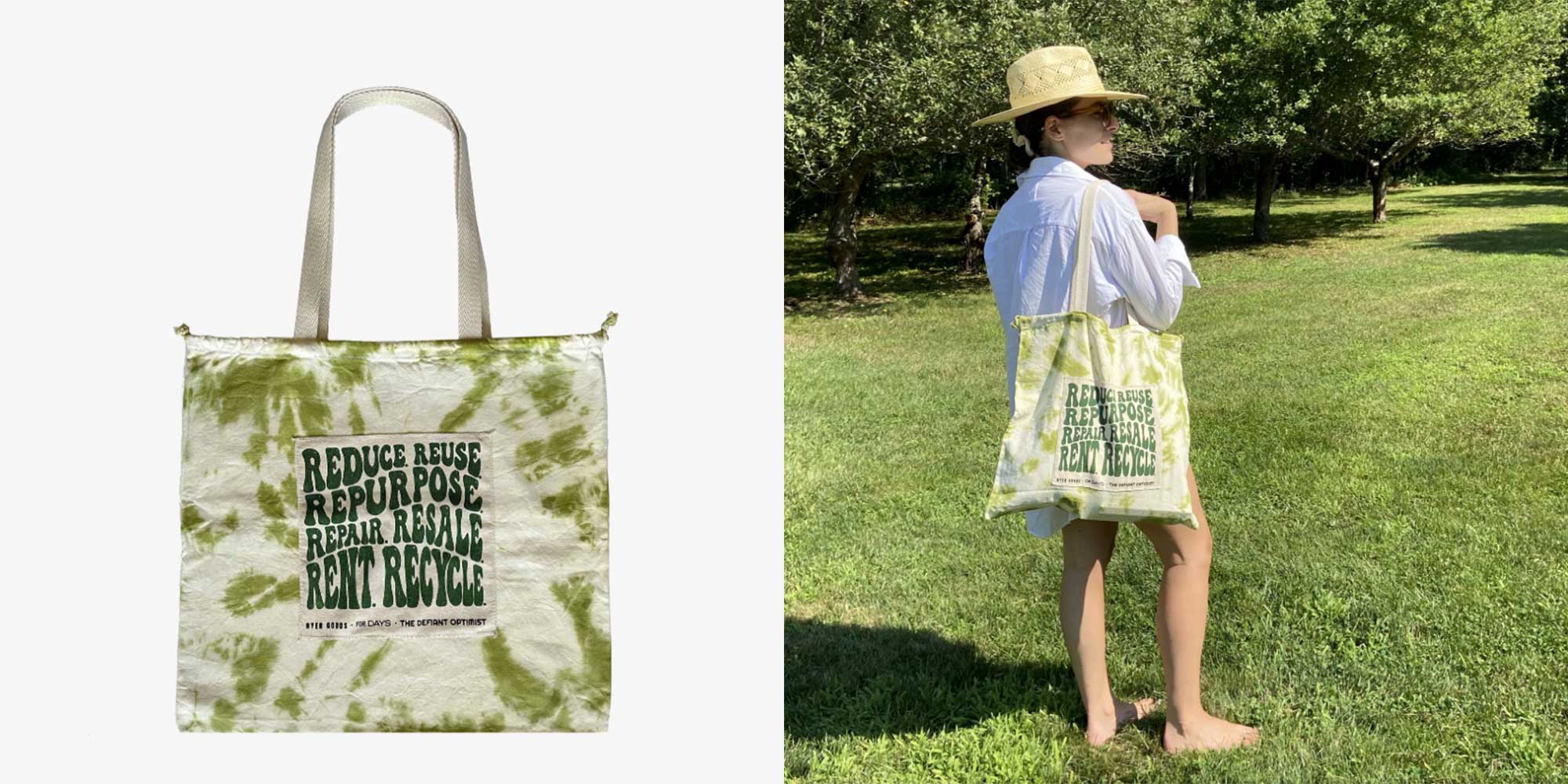 A green tie dye tote bag by Hyer Goods.