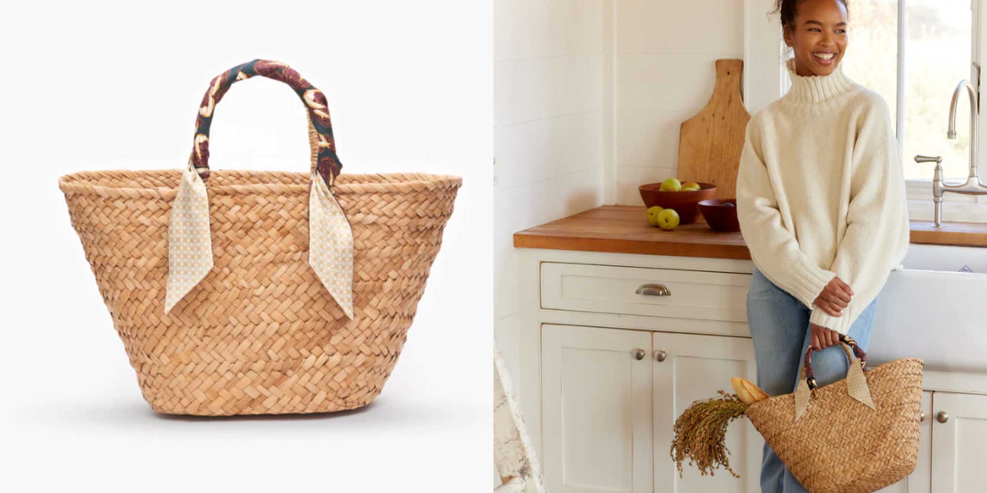 A person holding a straw tote bag by KAYU.