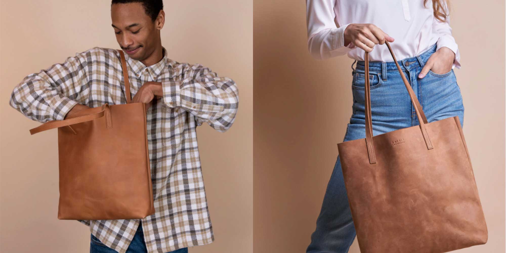 A brown leather tote bag by O My Bag.