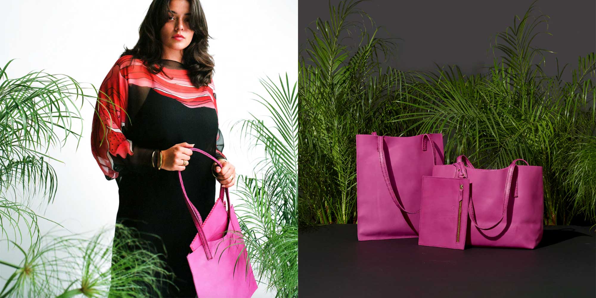 A bright pink leather tote bag by Raven + Lily.