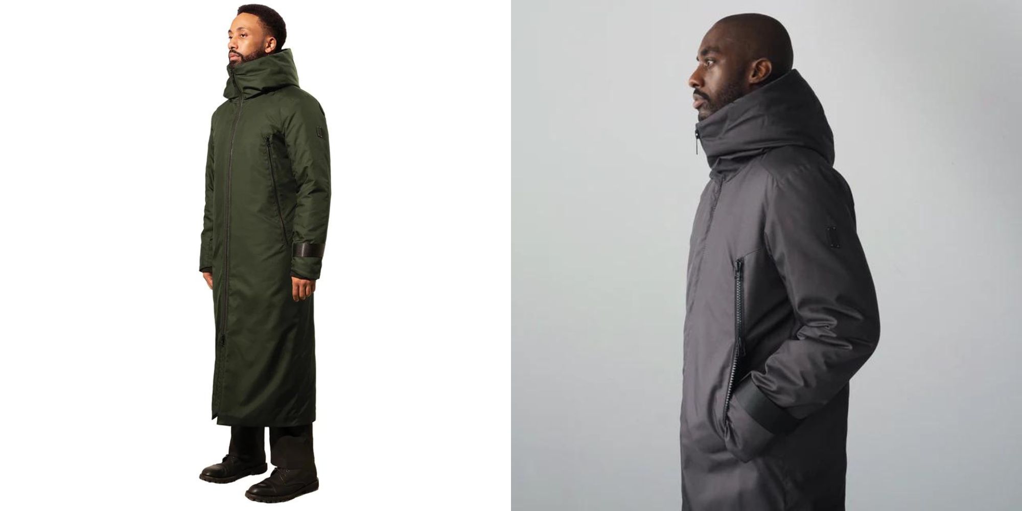 Full length ECONYL green and grey menswear jackets by BEDI.