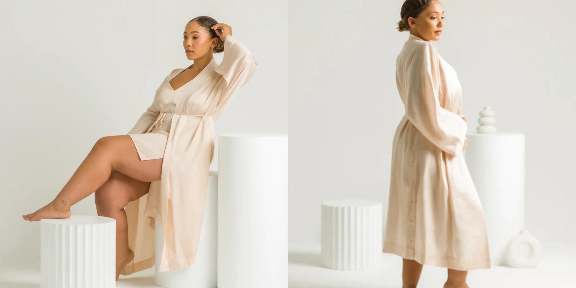 A cream-coloured TENCEL Lyocell sateen robe by ettitude.