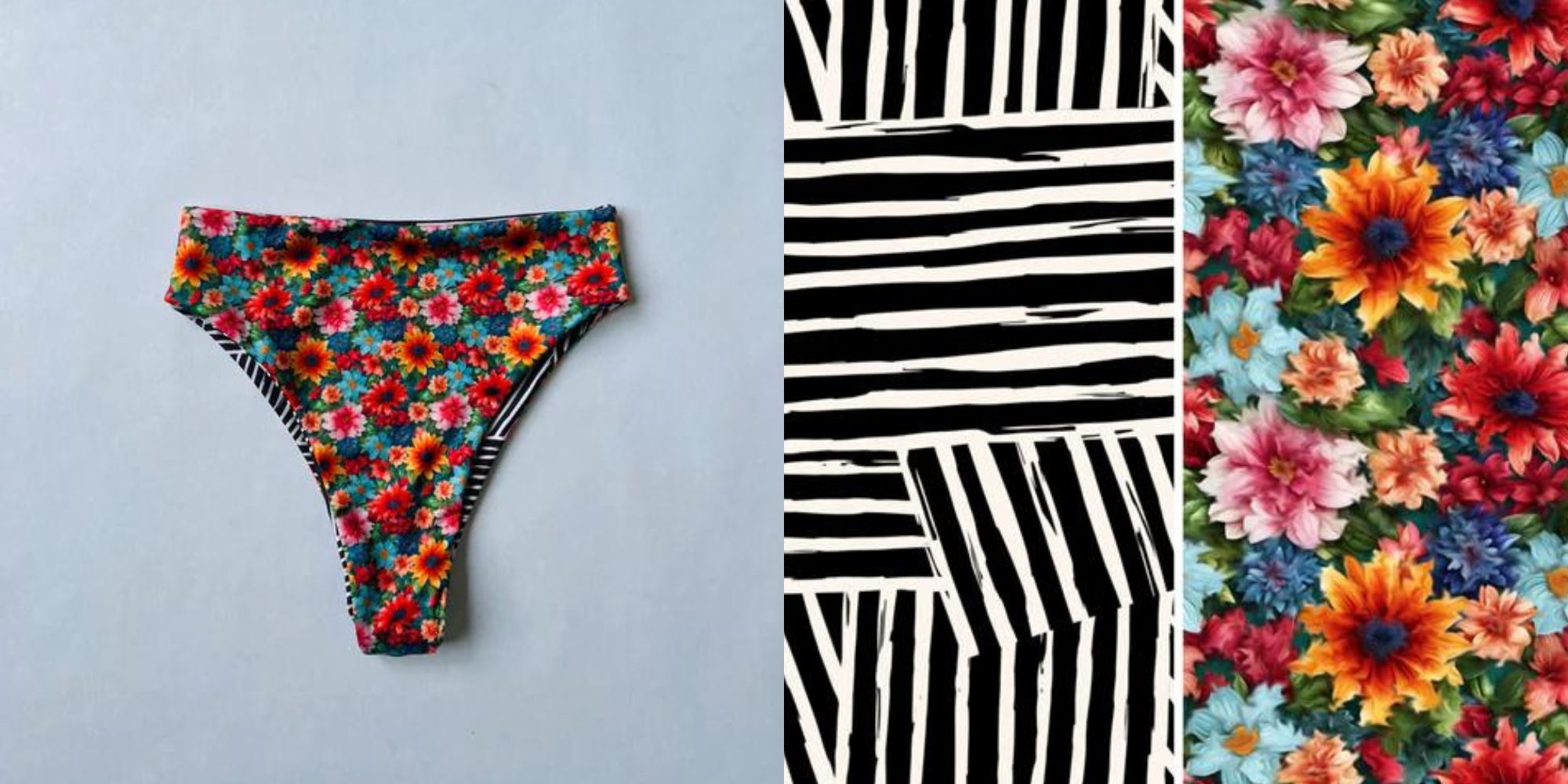 A colourful reversible bikini thong by Vigo Swim.