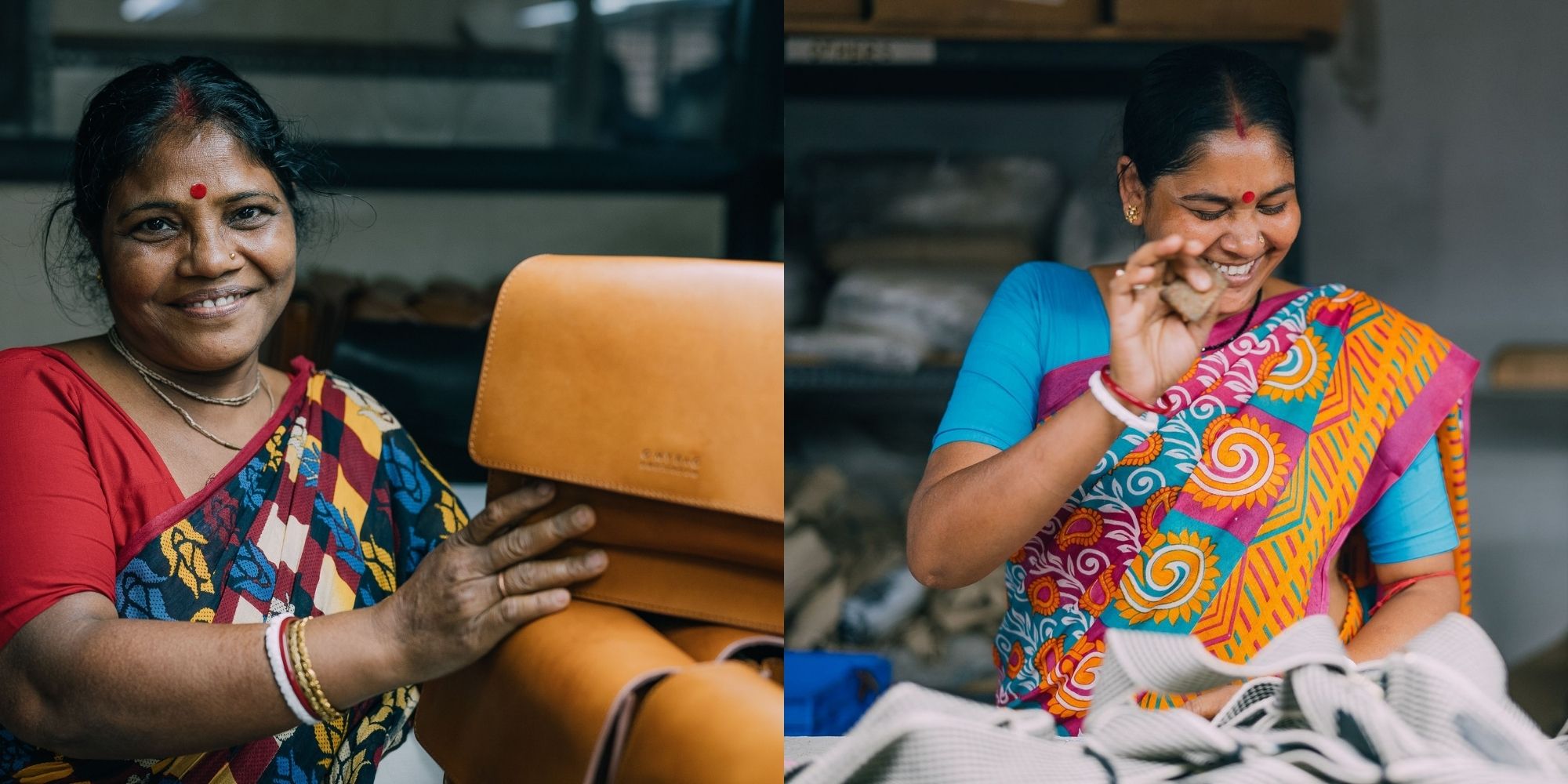 Two shots of garment workers in colourful traditional dress smiling while working on O My Bag handbags.
