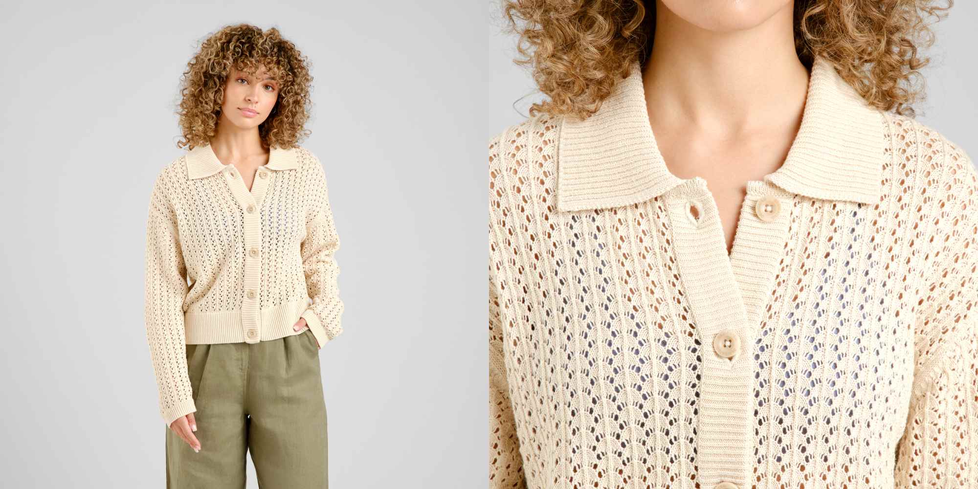 person wearing knitted cardigan from dedicated